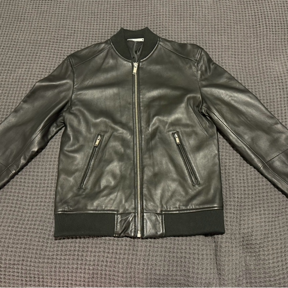 Zara Black Leather Bomber Jacket